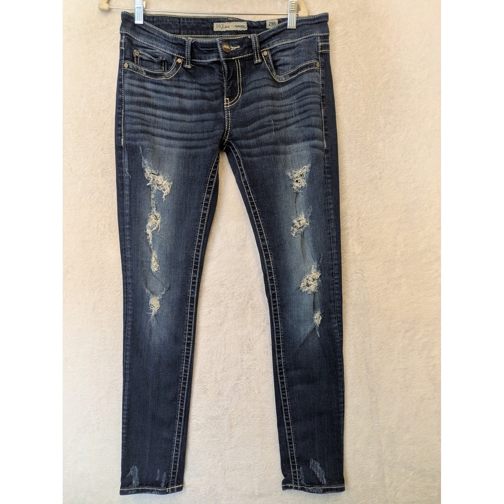 BKE Sabrina Skinny Jeans Women's 29R Dark Wash Distressed Denim Stretch‎